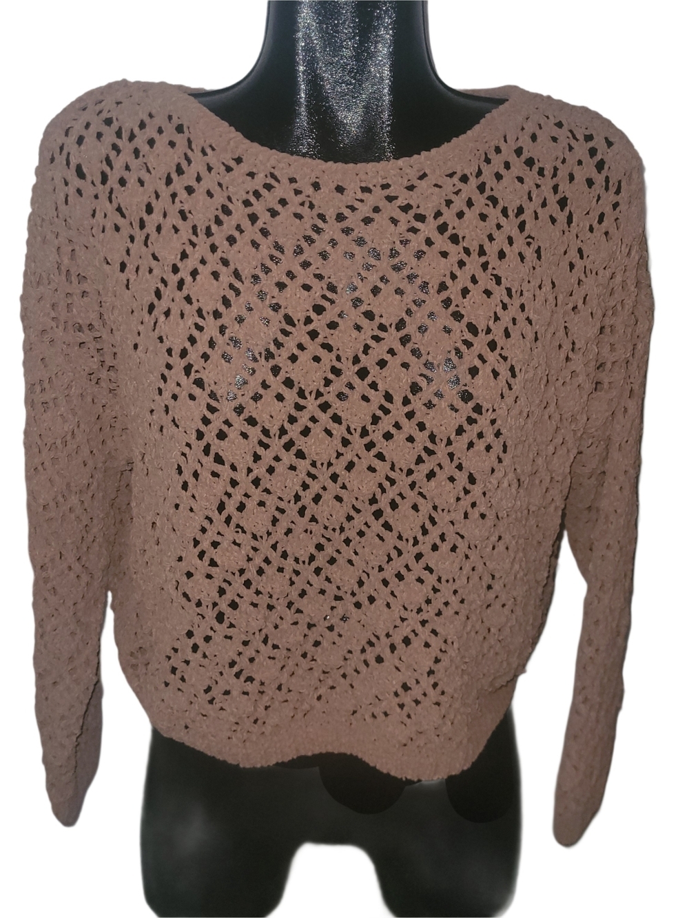 Moon and Madison Open-Knit Cropped Crewneck Sweater In Light Brown Size S
